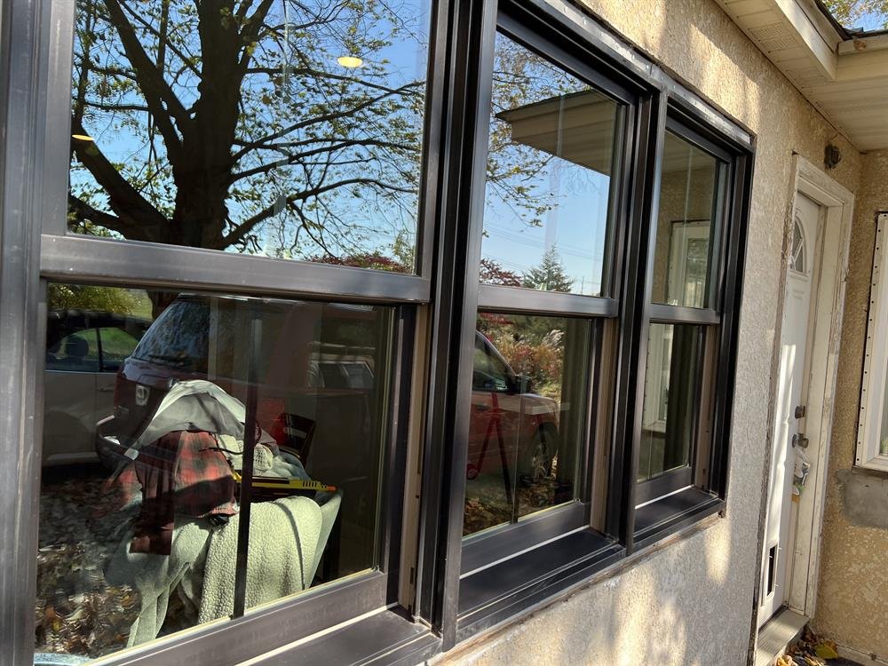 A row of large picture windows cleaned to a mirror finish, reflecting bare trees and blue sky